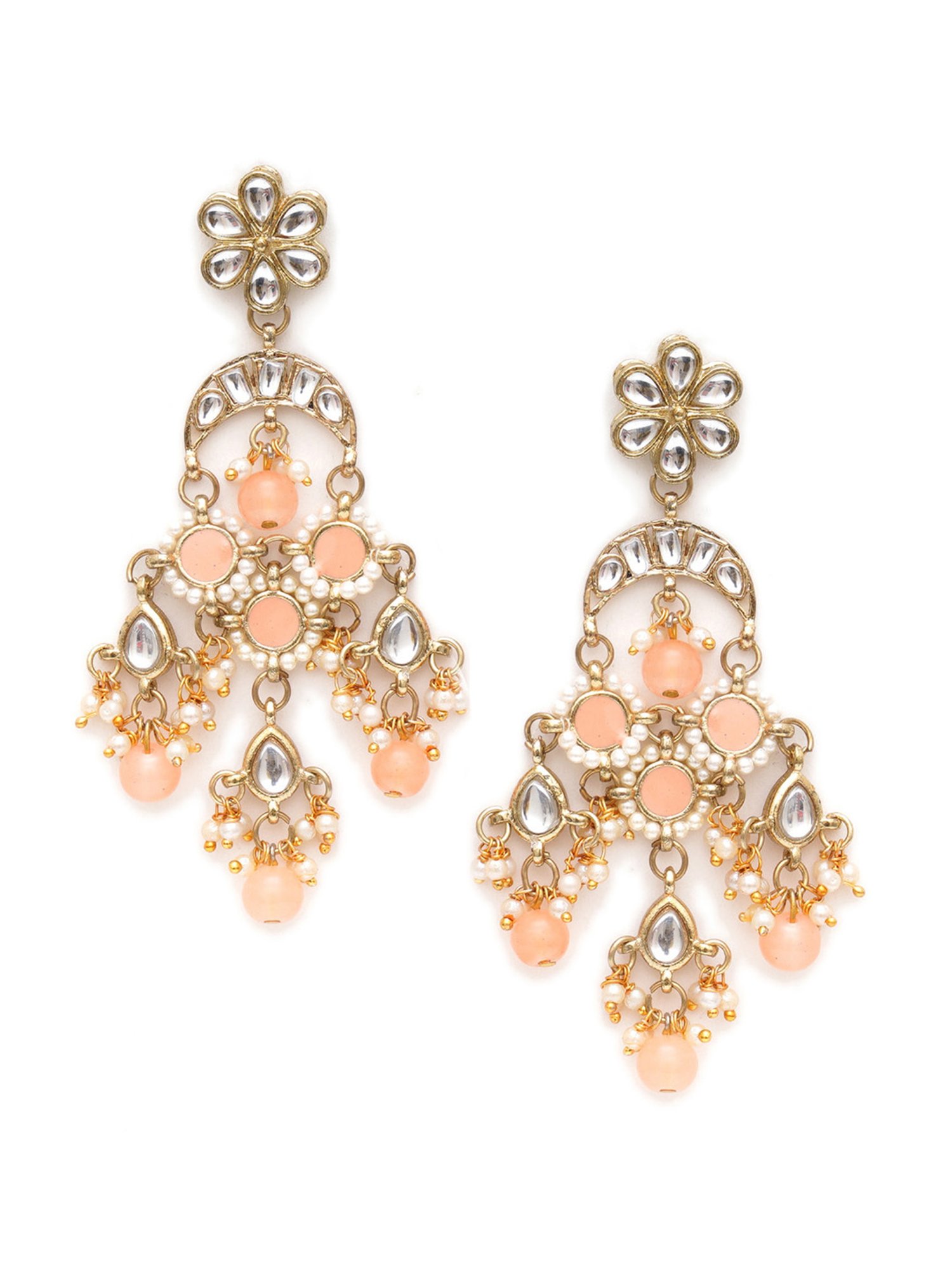 Karatcart Gold-Plated Peach Meena Kundan Dangler Earrings