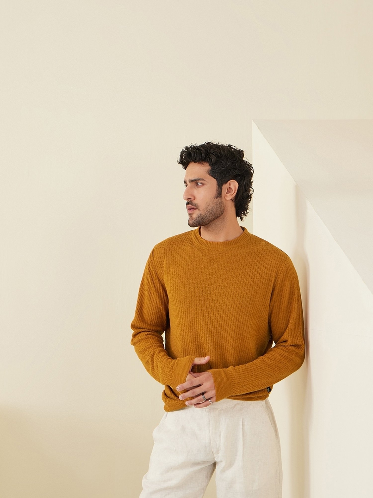 Andamen Mustard Regular Fit Structure Pullover