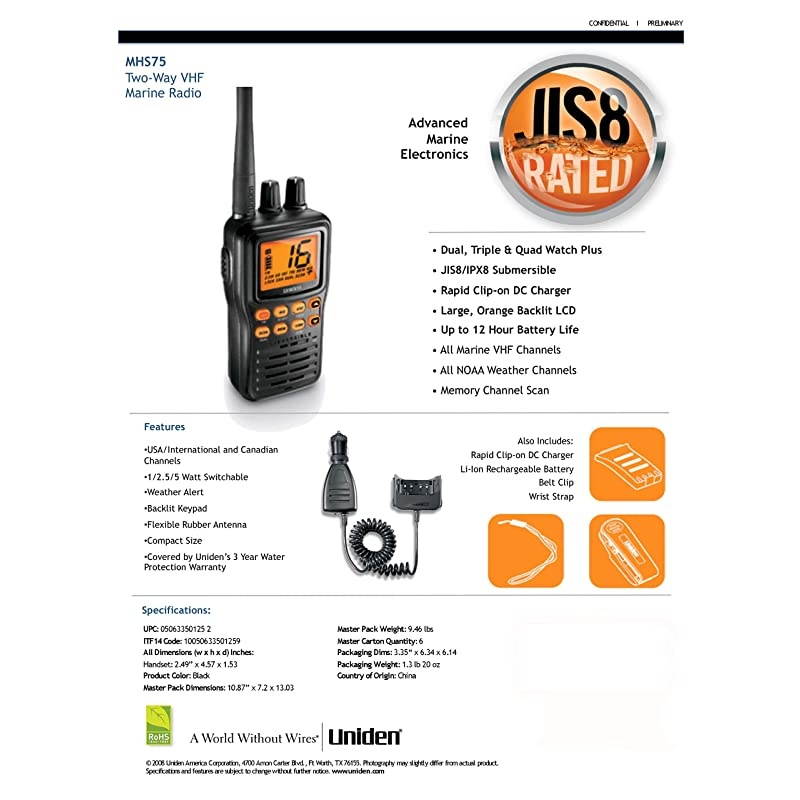 MHS75 Waterproof Handheld 2-Way VHF Marine radio, Submersible, Selectable 1/2.5/5 Watt Transmit Power. All USA/International and Canadian Marine Channels - Color Black