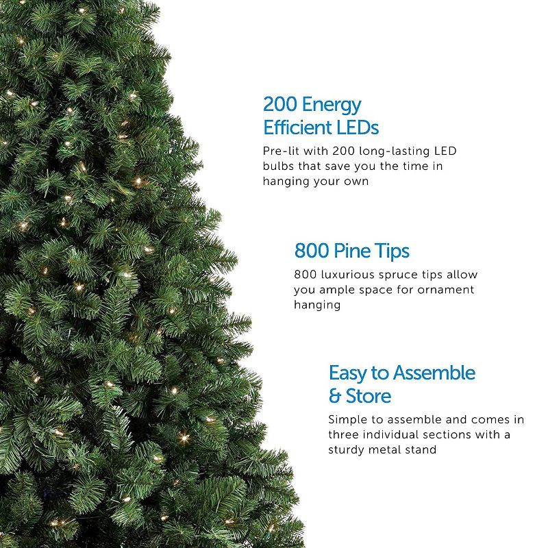 NOMA CTI1517114 6.5 Foot Kawartha Pine Artificial Warm White Light Pre Lit Christmas Tree with 200 Warm White Lights and Metal Stand, Green