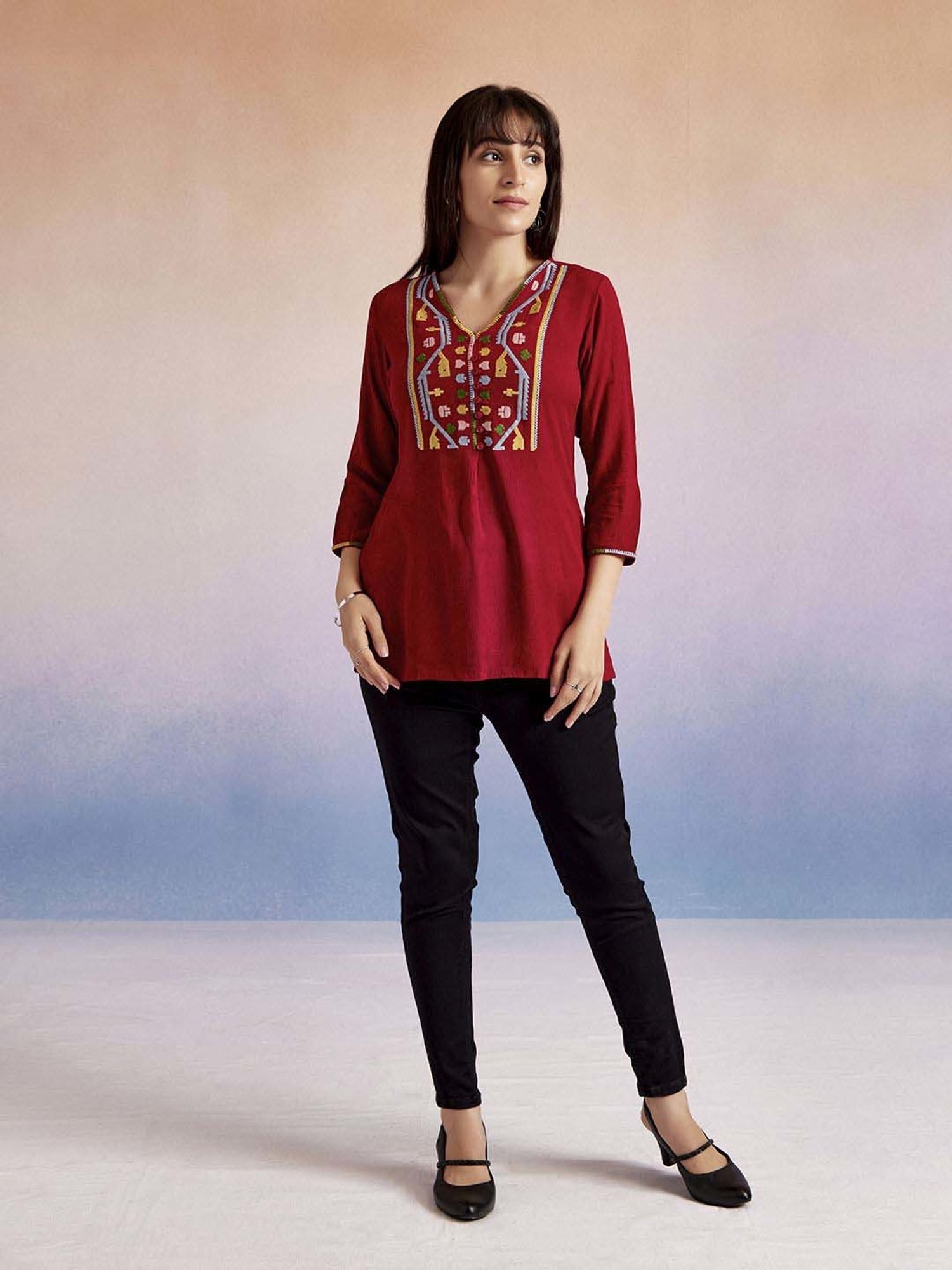 Jaipur Kurti Red Embroidered Top