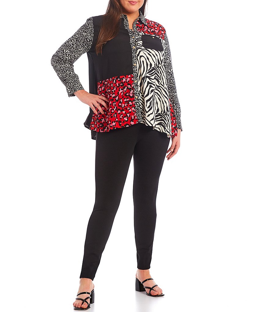 Calessa Plus Size Point Collar Neck Patchwork Animal Print Roll Tab Long Sleeve Button Front Shirt