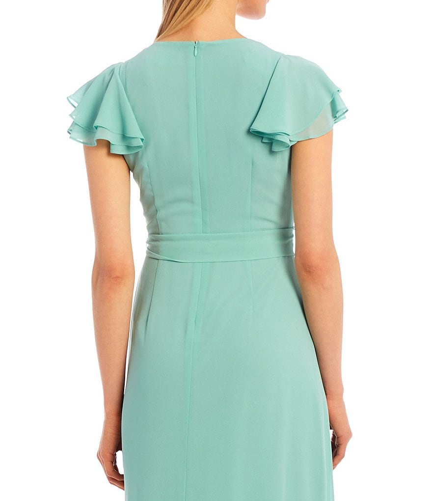 Eliza J Chiffon Ruffle Wrap Flutter Sleeve V-Neck Maxi Dress