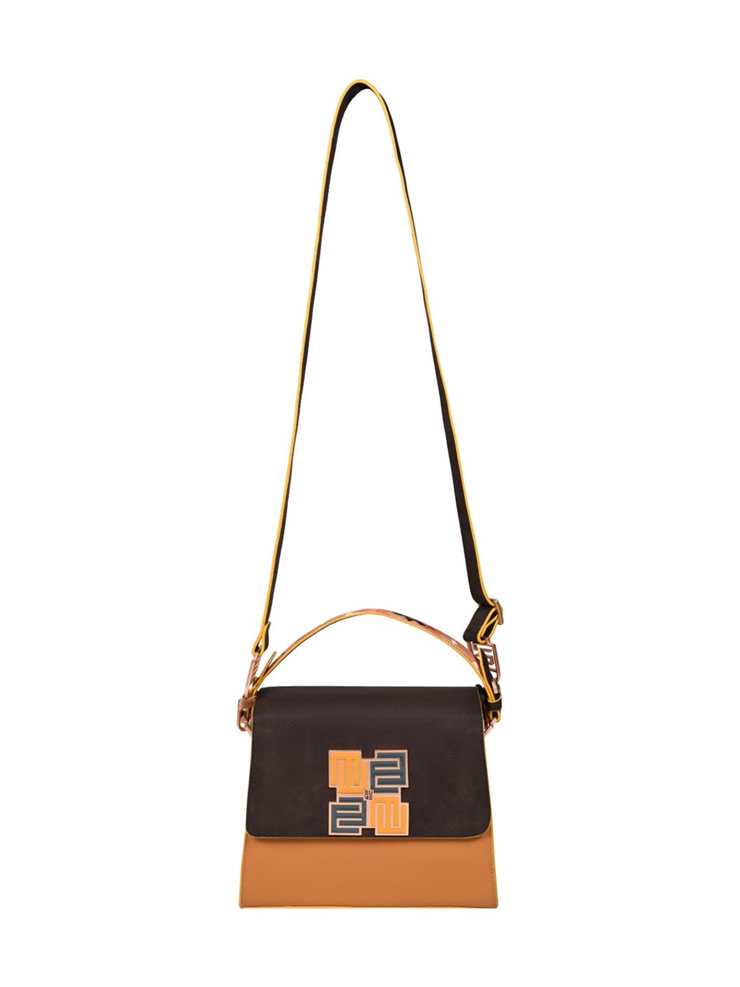 Eume Espresso Mustard Camo Vegan Leather Satchel Handbag