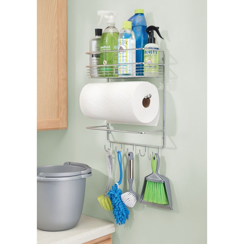 mDesign Metal Wall Mount Paper Towel Holder with Storage Shelf & Hooks - Chrome