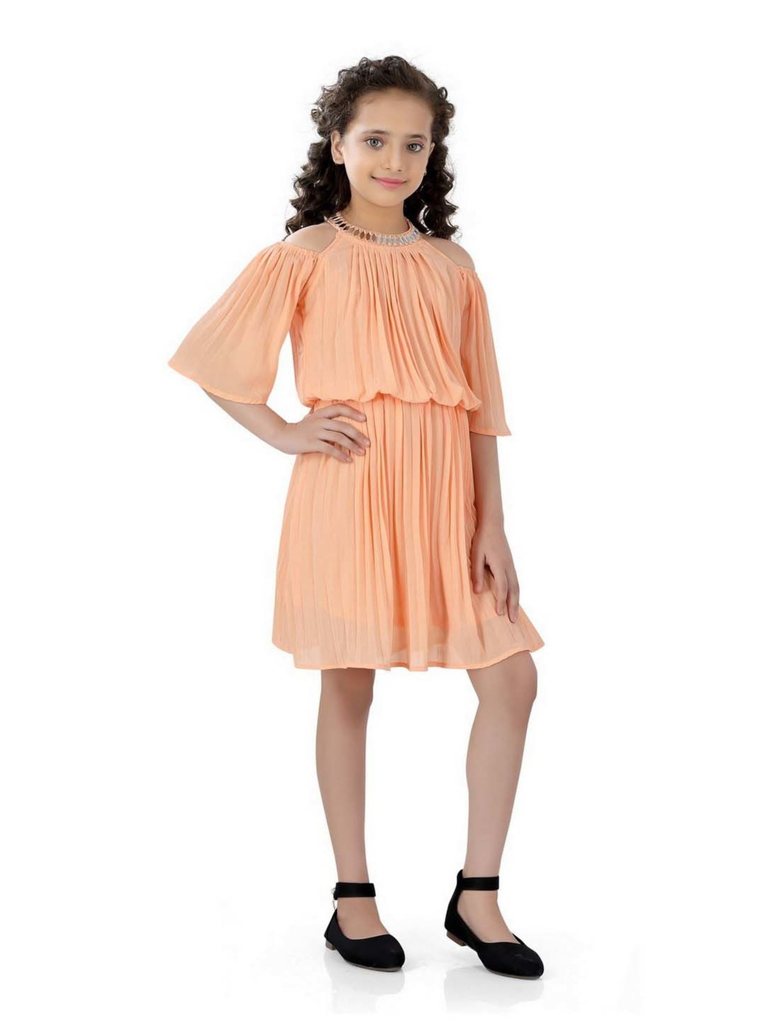 poplins Kids Peach Cotton Regular Fit Dress