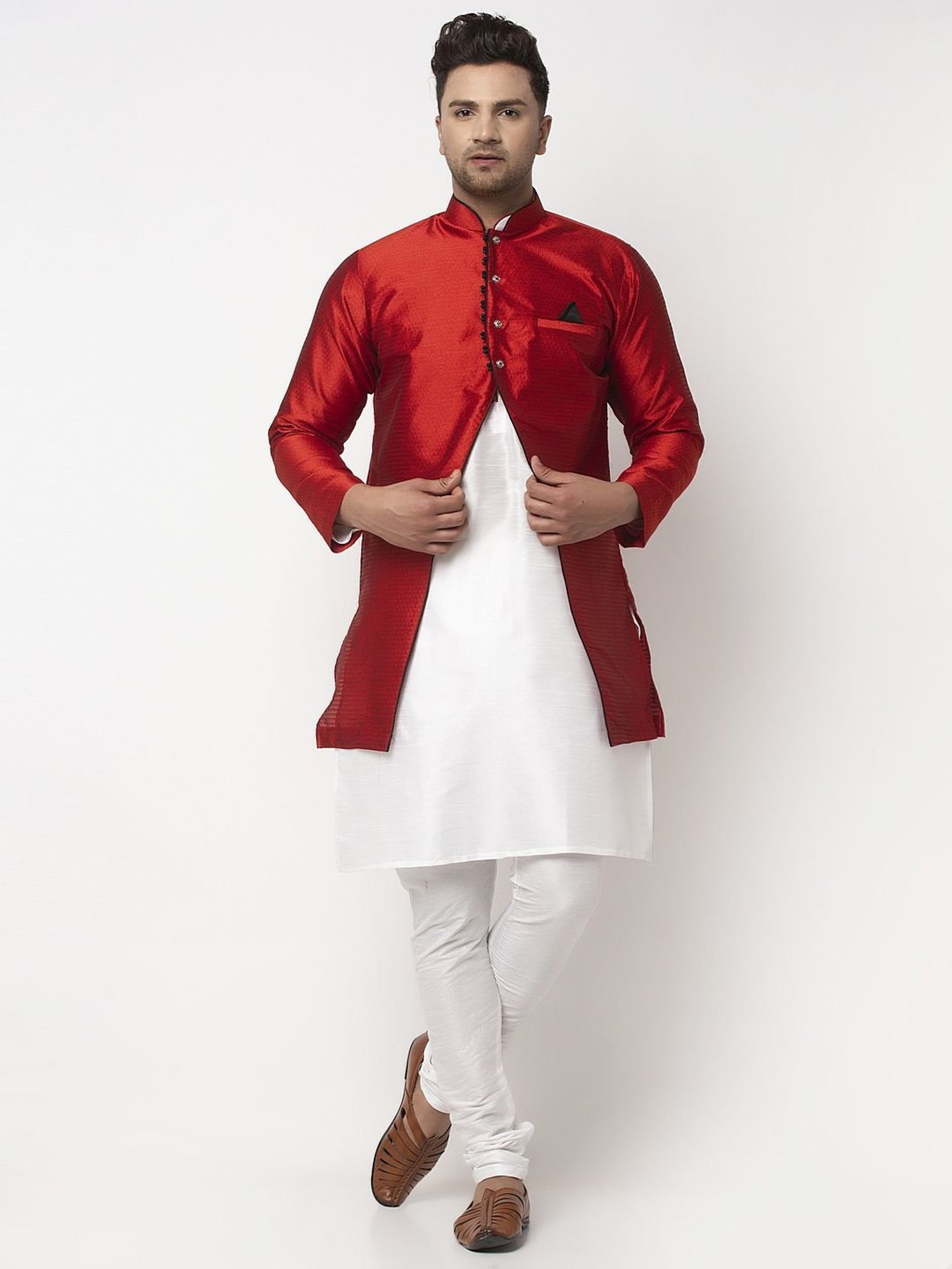 Benstoke White & Red Regular Fit Self Pattern Kurta Set With Jacket