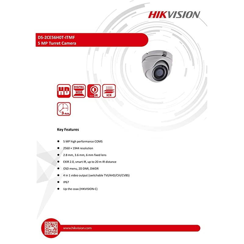 5MP 4in1 Turbo HD IR IP67 Rated OutdoorIndoor Use MiniDome Camera DS2CE56H0TITMF with 28mm Fixed Lens Only Compatible with 4MP5MP TVI DVR
