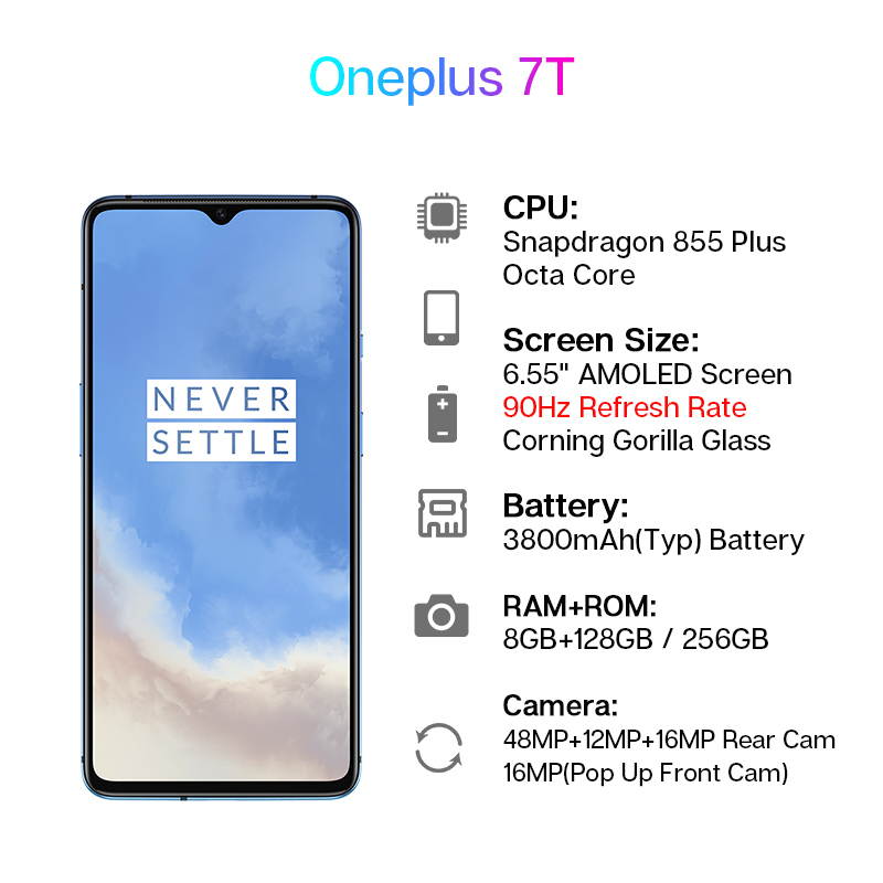 Original Global Version OnePlus 7T Fluid Display 6.55" AMOLED Screen 48MP Triple Cameras Dual-SIM 256GB/8GB Snapdragon 855+ 3800mAh Phone UFS 3.0 NFC Factory Unlocked