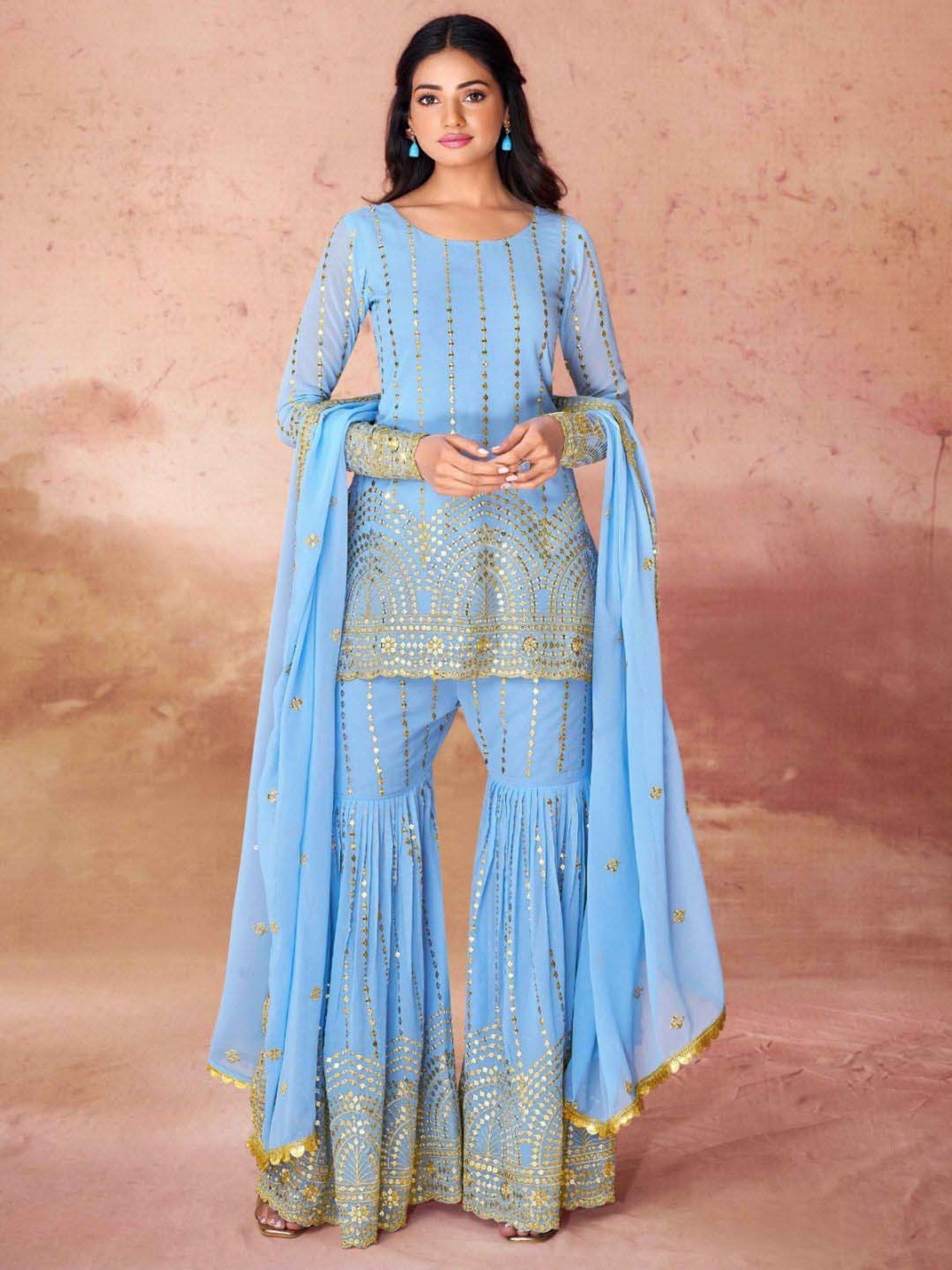 Odette Blue Embroidered Kurti Sharara Set With Dupatta