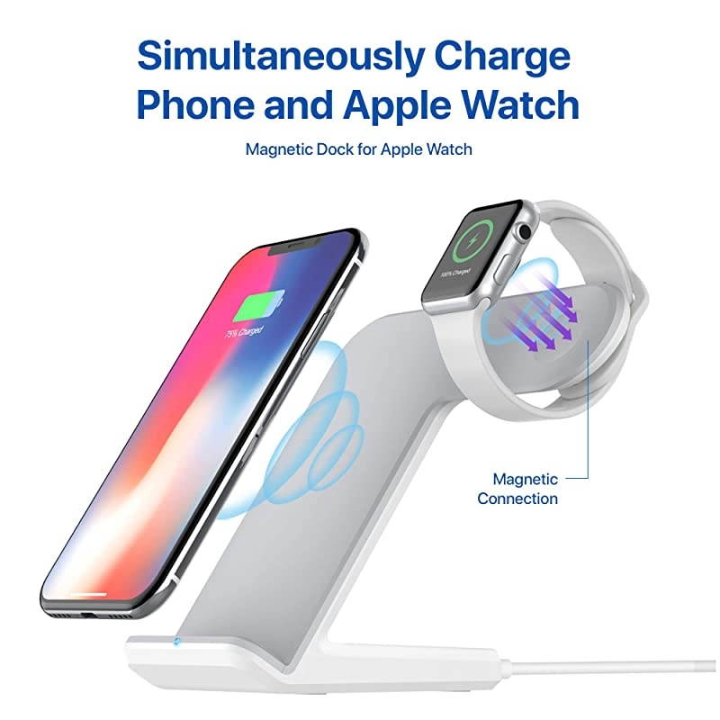 Upgraded 2 in 1 Wireless Charger for Apple Watch 54321 iPhone 11 11 PRO 11 MAX PRO XS MAX XR XS 8Plus iPhone and Watch Charging Station QC 30 Adapter Included White