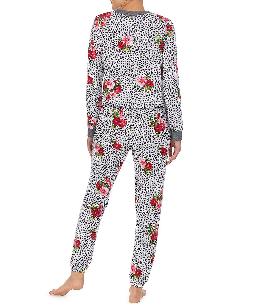 Kensie Animal & Floral Printed Long Sleeve Jersey Knit Lounge Jumpsuit