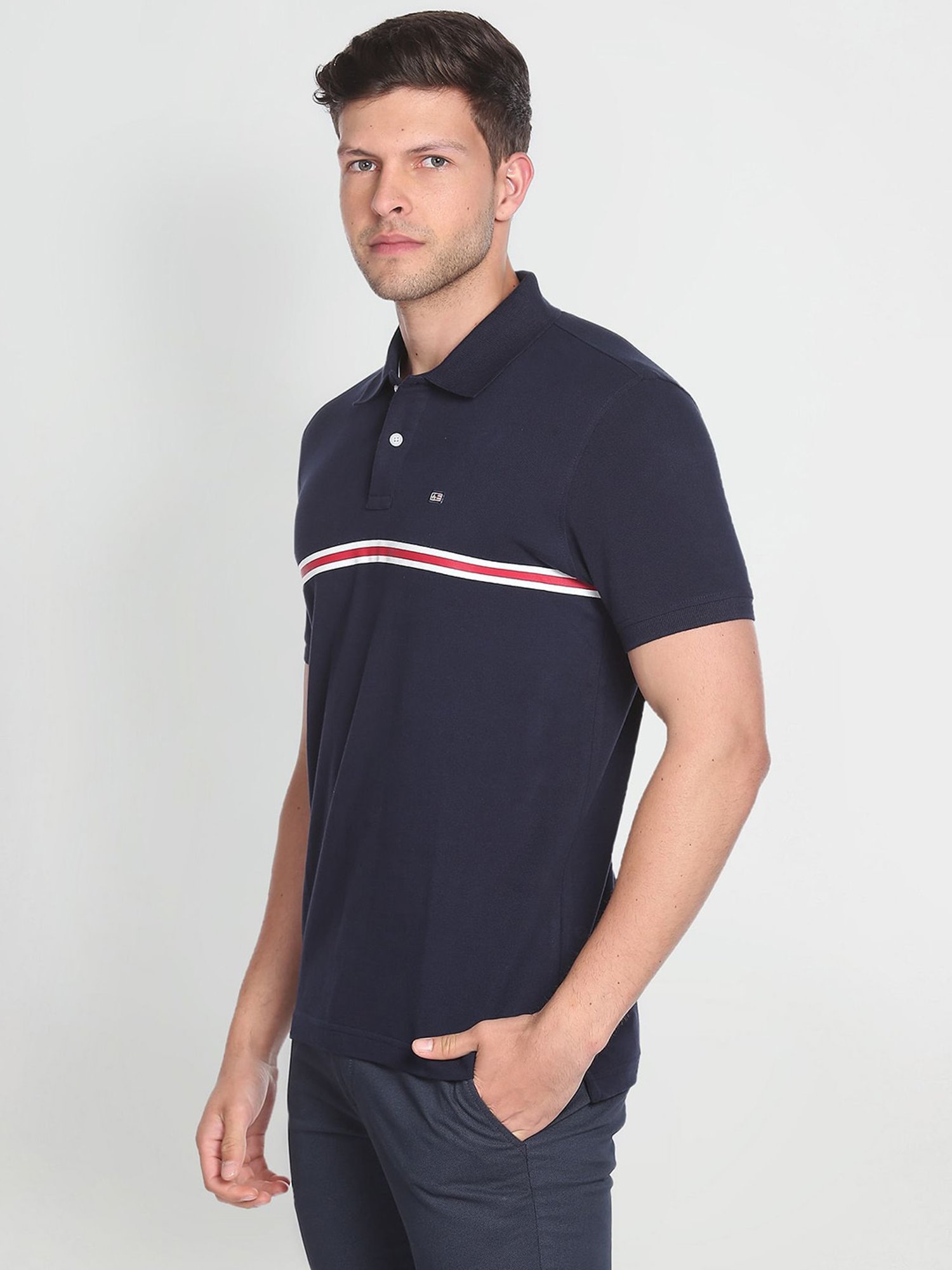 Arrow Sport Navy Blue Cotton Regular Fit Striped Polo T-Shirt