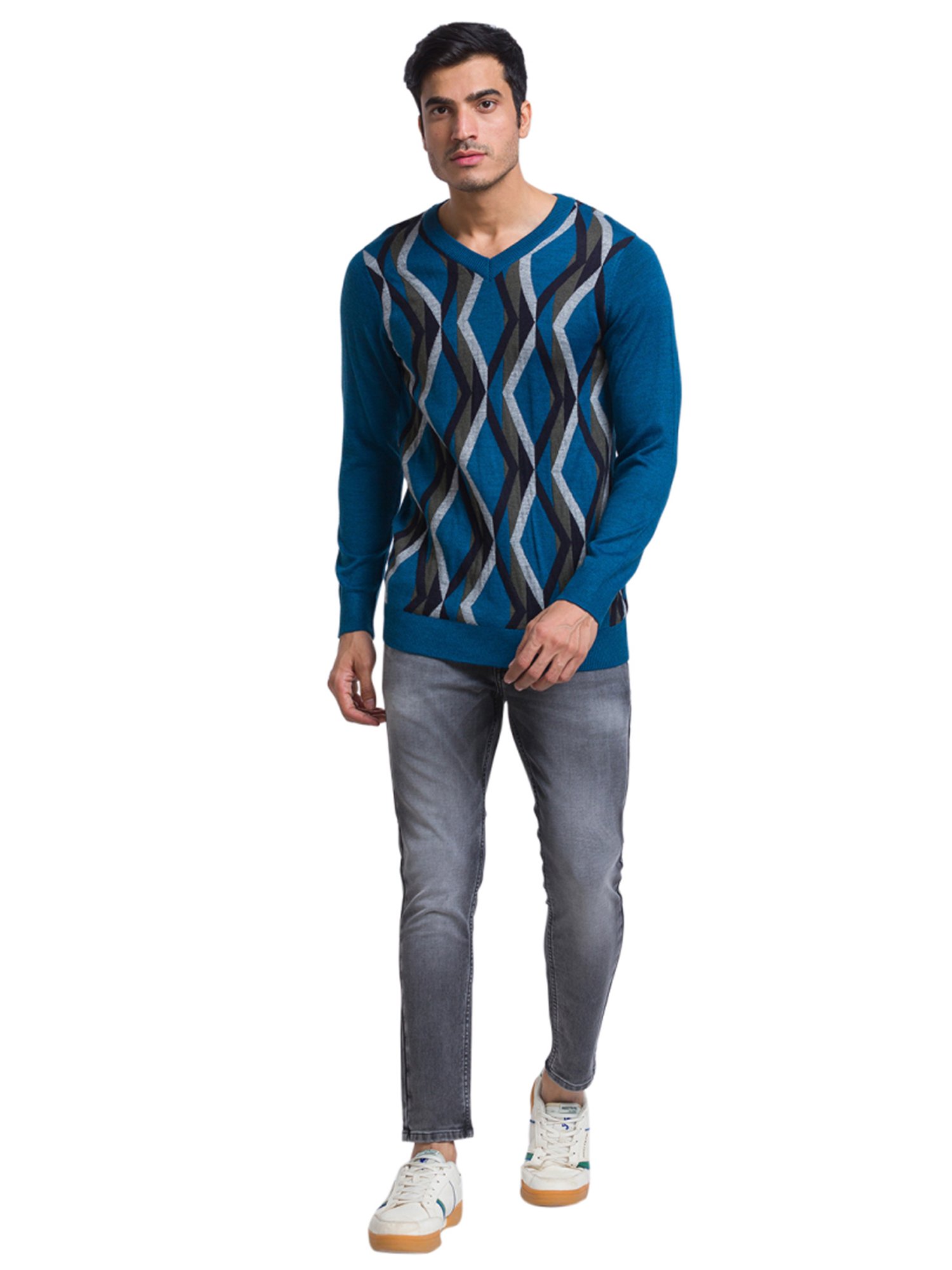 Parx Blue Regular Fit Printed Sweater