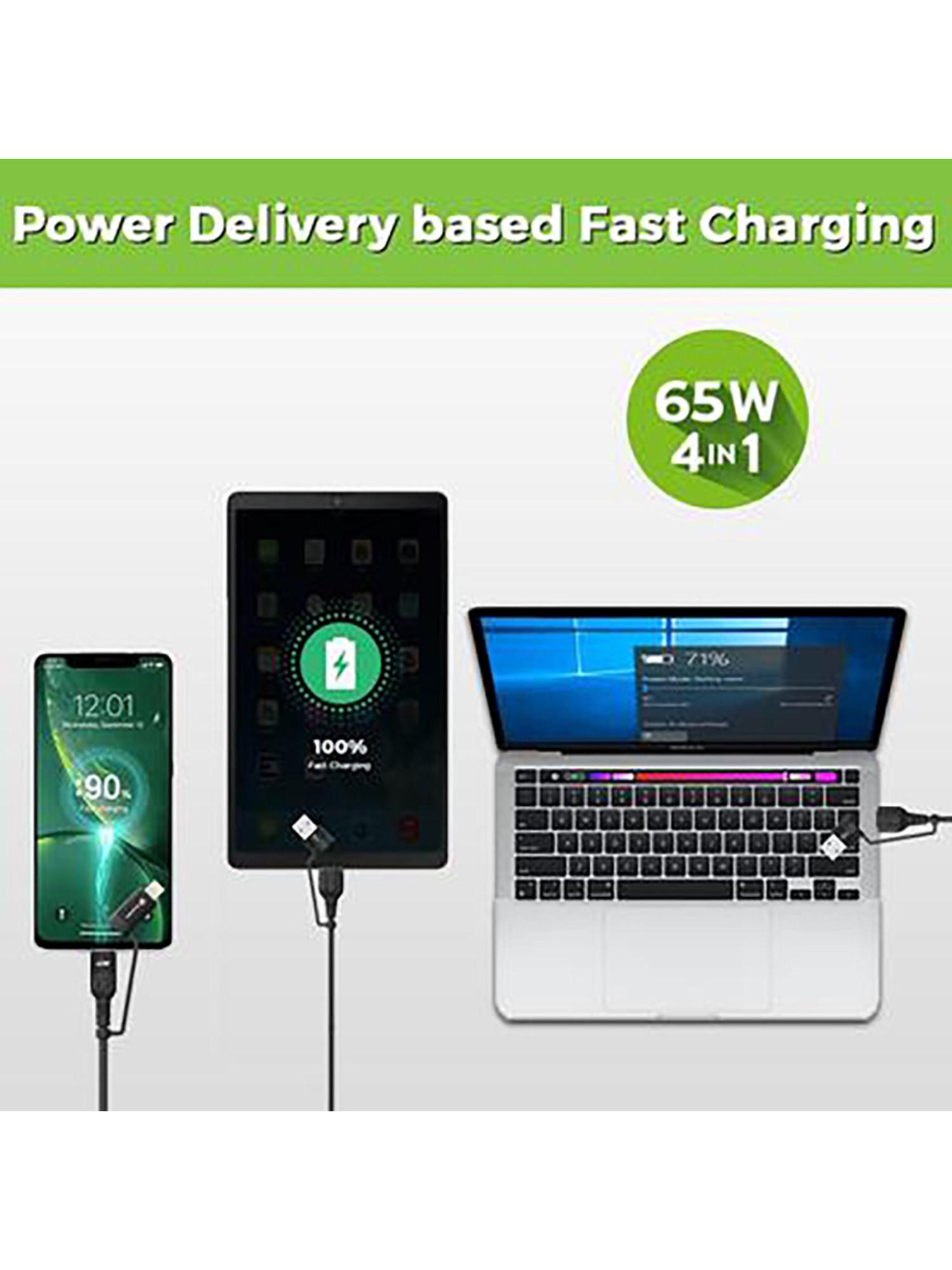 ULTRAPROLINK Quadlink UL1055 4 in 1 65W PD 1.2M Charging Cable (Black)