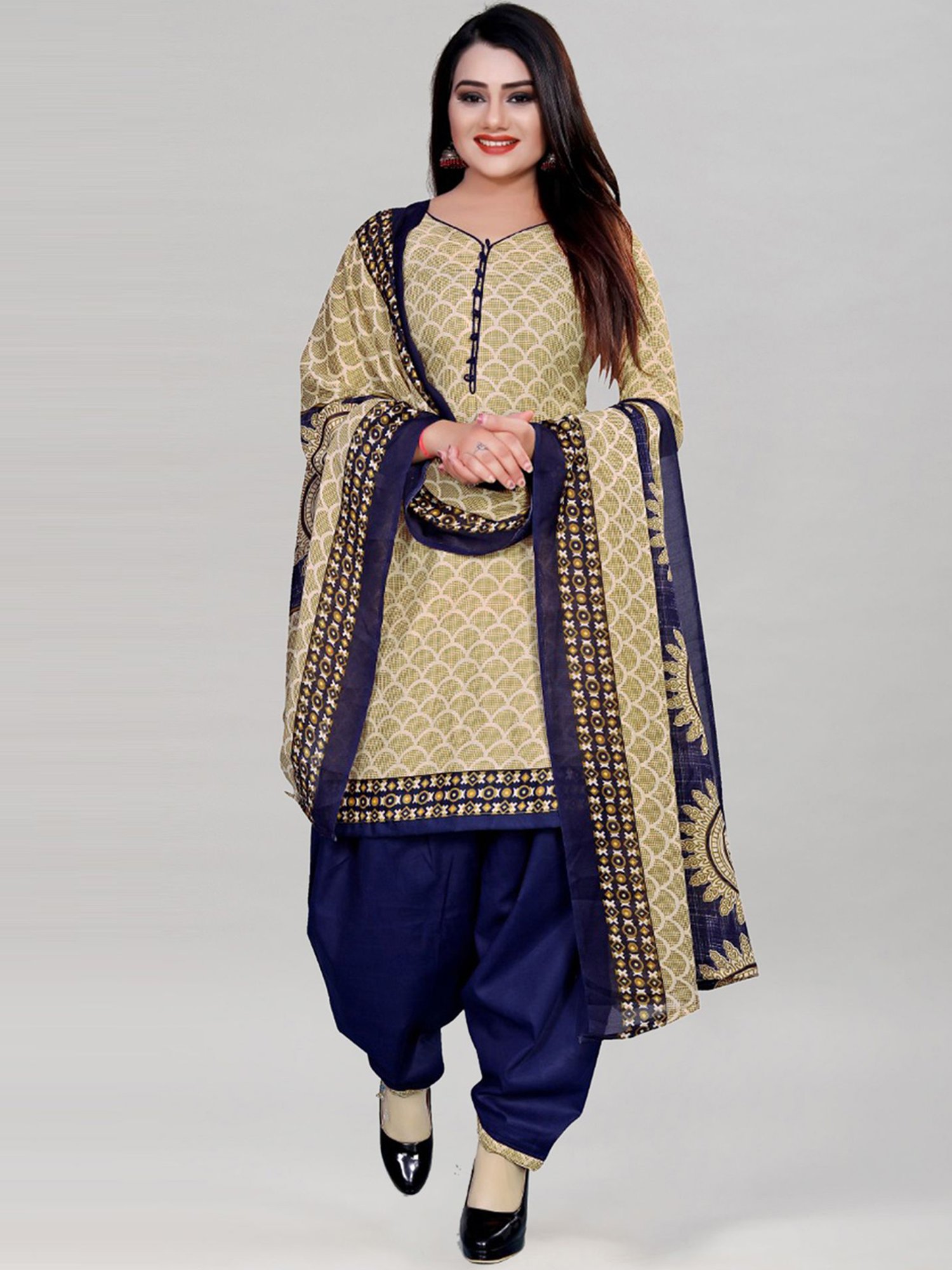 Satrani Beige & Blue Printed Unstitched Poly Cotton Dress Material
