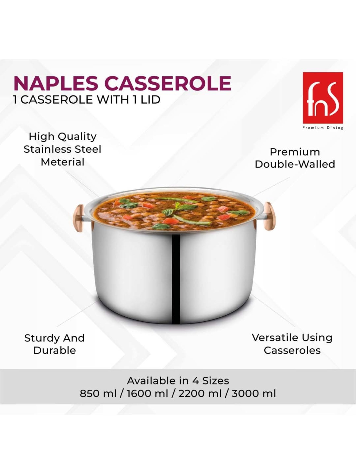 FnS Naples Silver Stainless Steel Casserole With Lid (2.2 L)
