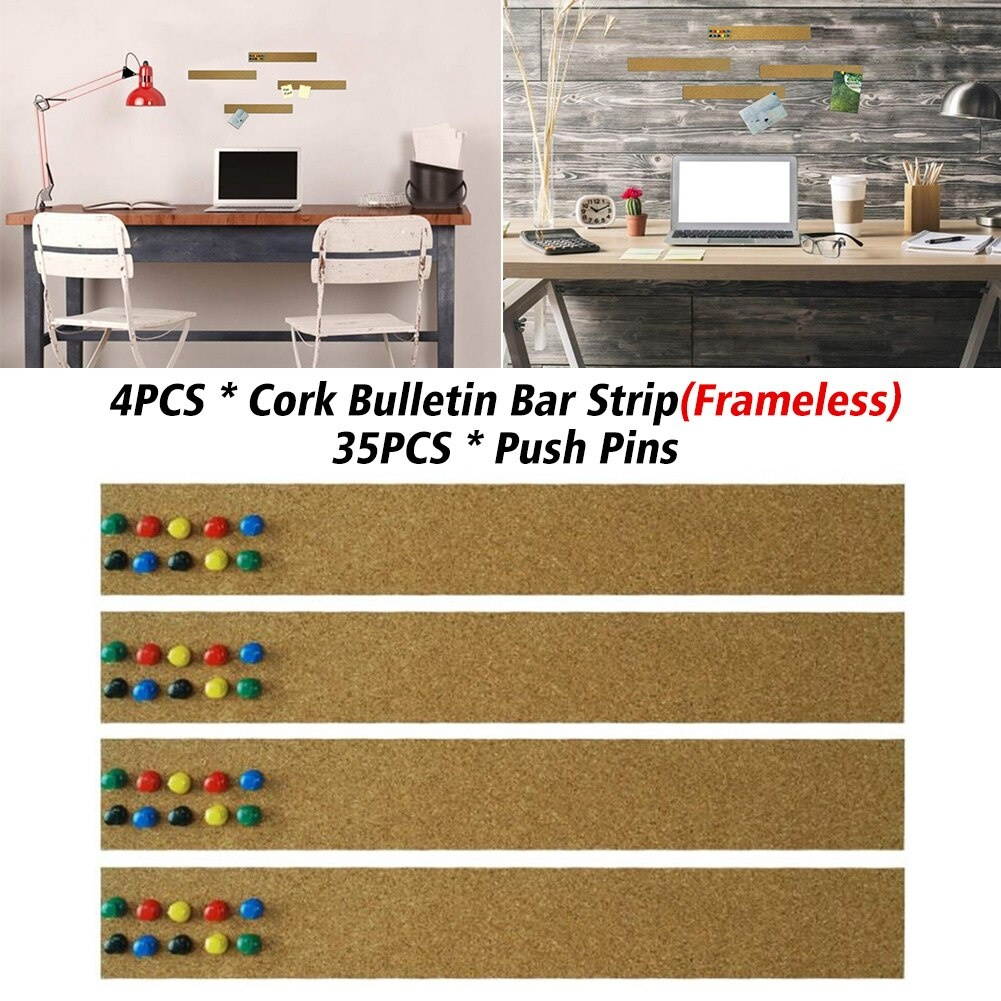 4pcs Office School Frameless Bookstore Memo Easy Install Home Decor Board Cork Bulletin Strip Set With Pushpin Multifunctional