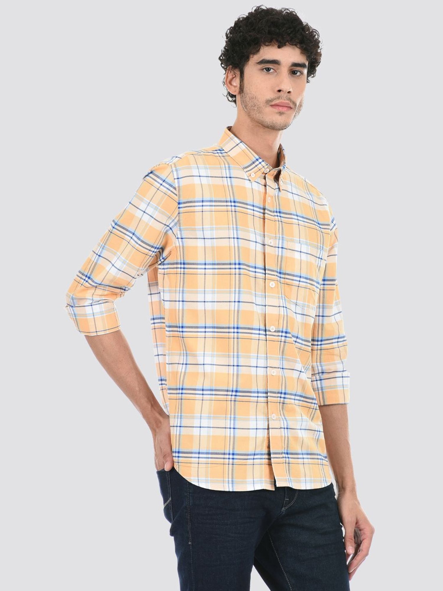 London Fog Orange Regular Fit Checks Shirt