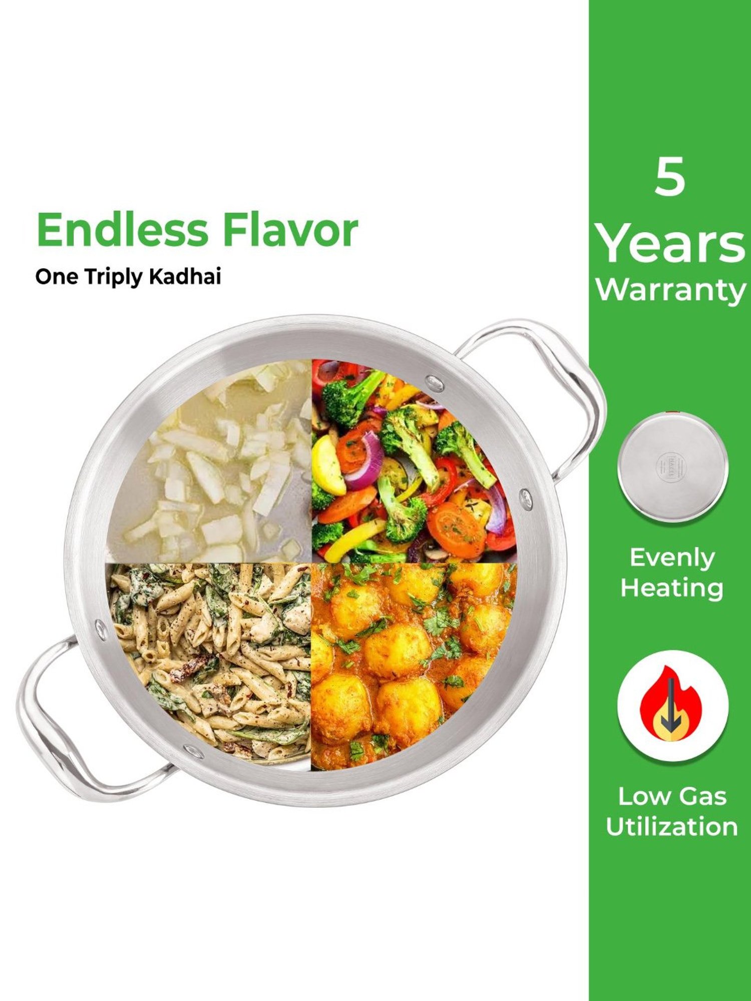 HAZEL Triply Stainless Steel Induction Bottom Kadhai, 2 Litre, 22.5 cm