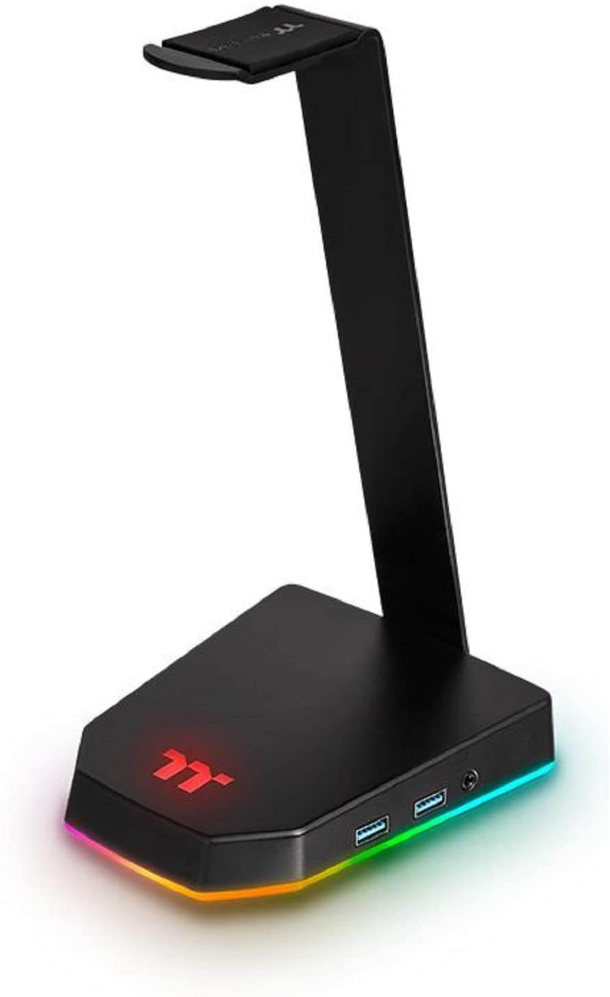 Thermaltake Tt E1 RGB Gaming Headset Stand with a 2-port USB 3.0 hub and 3.5mm 4-pole audio port,  Aluminum construction,8 stunning lighting effects,Black(GEA-TTP-THSBLK-06)
