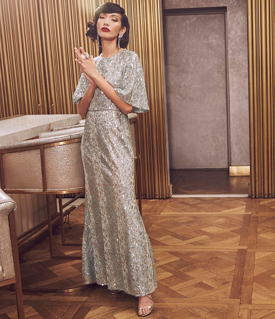 JS Collections Sequin Flutter Sleeve Mermaid Gown