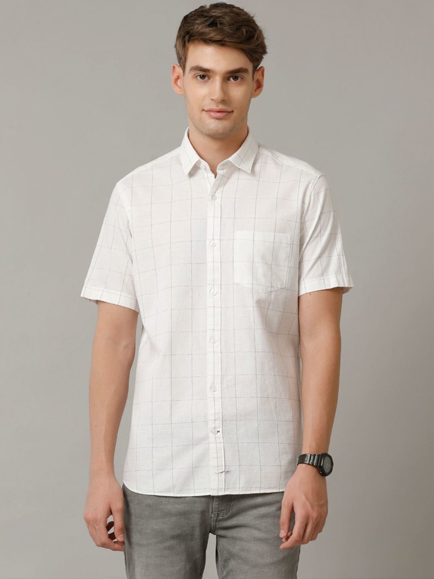 Cavallo By Linen Club White Linen Contemporary Fit Checks Shirt