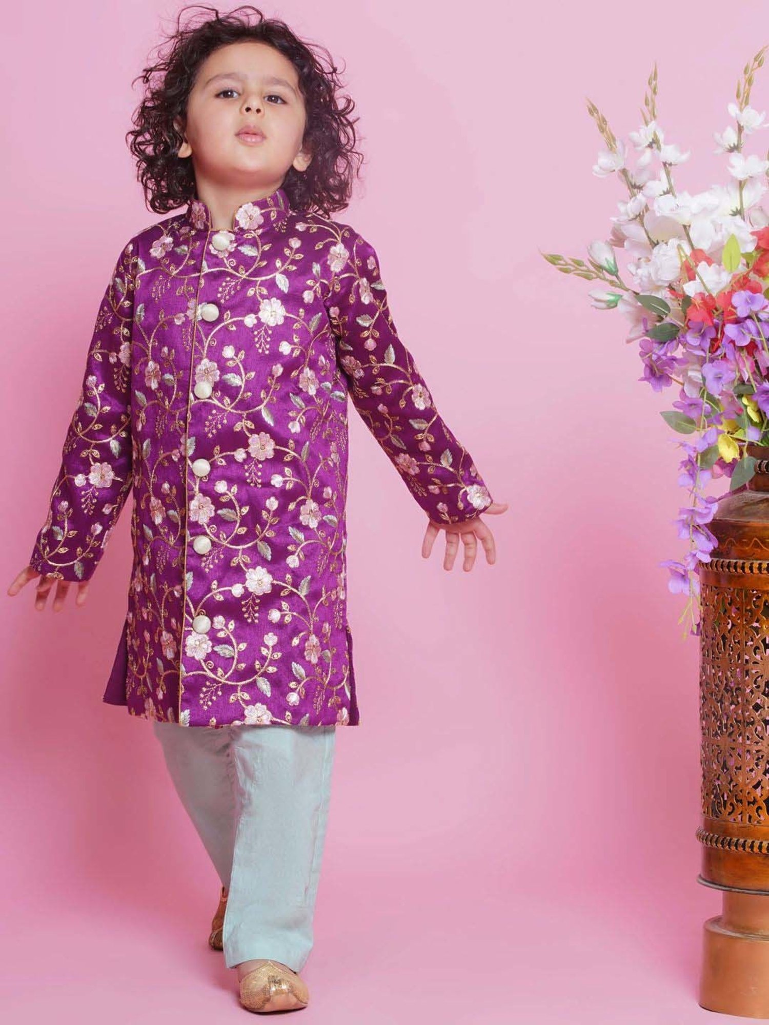 Little Bansi Boys Purple & Grey Embroidery Full Sleeves Kurta Set