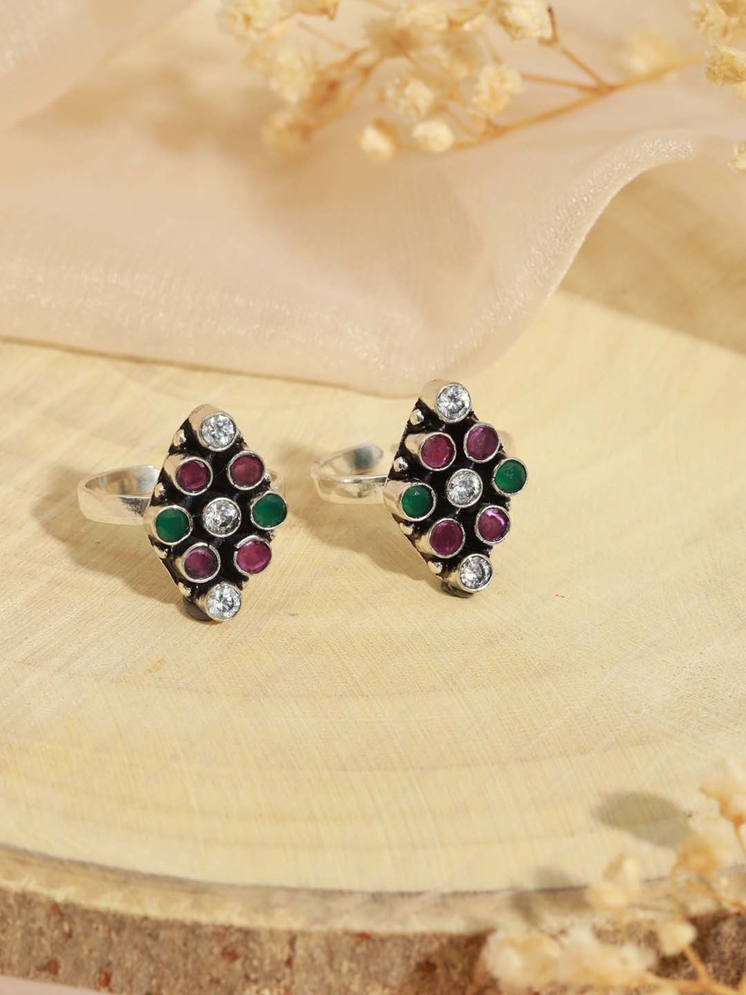 Saraf RS Jewellery Oxidized Multicolored AD Studded Adjustable Toe Rings - Set of 2