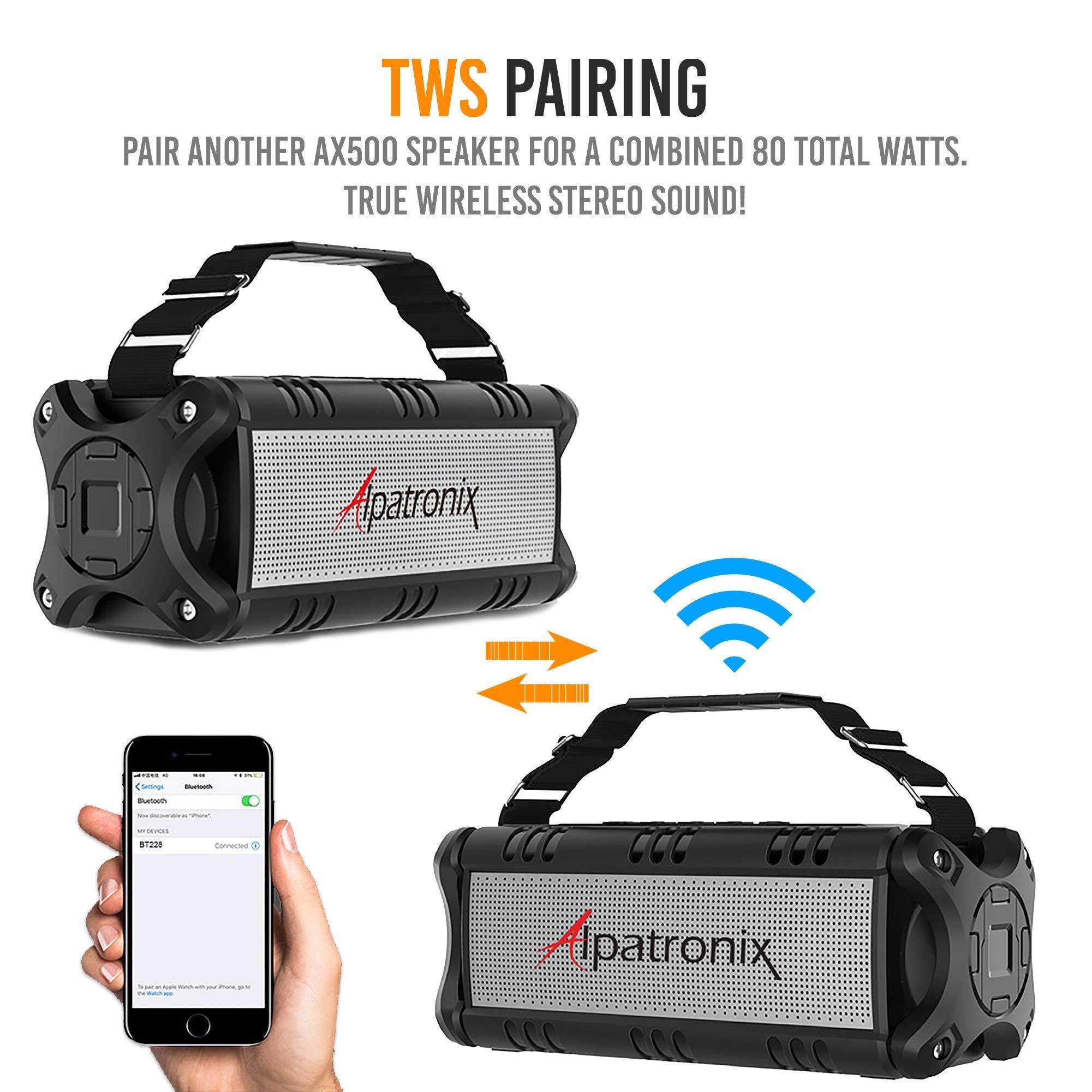 Waterproof Bluetooth Speaker, 40W Portable Wireless Speaker, 8000mAh Power Bank, Shockproof w/TWS, DSP, Stereo, Subwoofer, TF Card & Equalizer, Alpatronix AX500 for Parties, Indoor & Outdoor - Black