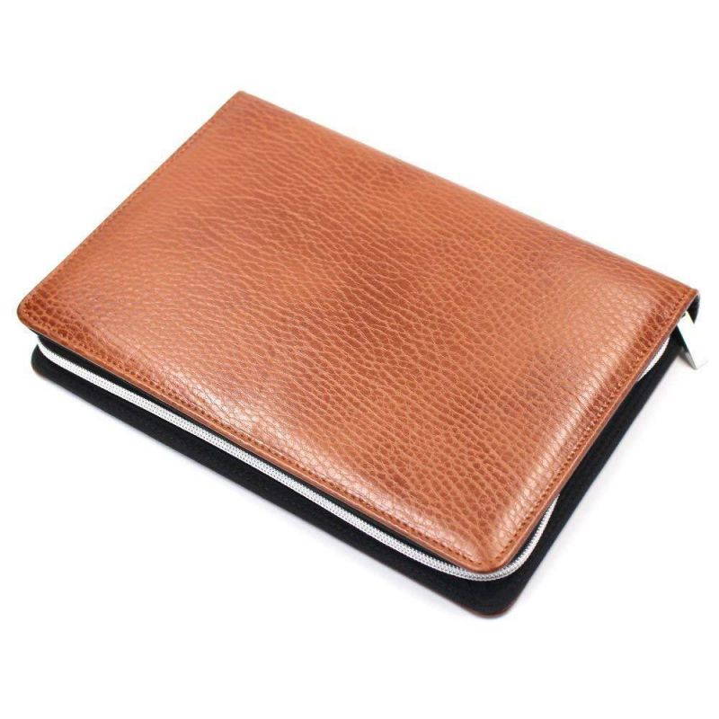 Chris-Wang 1Pk PU Leather Zipper Binder Business Zippered 6-ring Portfolio Planner -Filler Paper, Pagefinder Ruler, Calculator, Clear PVC Card Bag Included (A5, Brown)