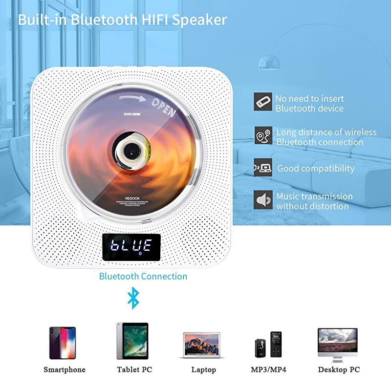 DVD / CD Player with Bluetooth, Wall Mountable CD Music Player with Remote Control HDMI for TV Home CD Boombox with FM Radio Built-in HiFi Speakers (White)