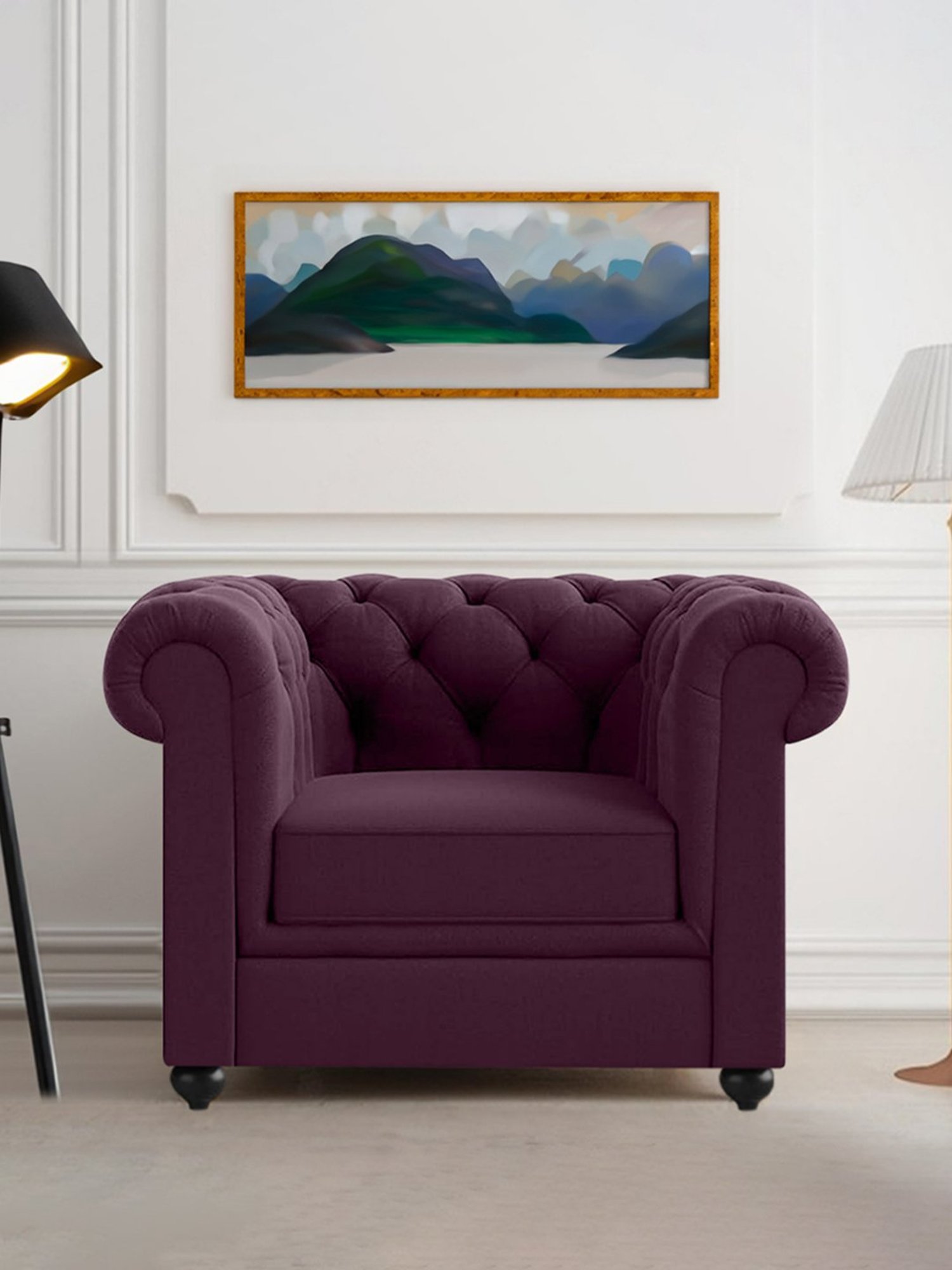 Trevi Manchester Quilted Purple Leather & Neem Wood 1 Seater Sofa