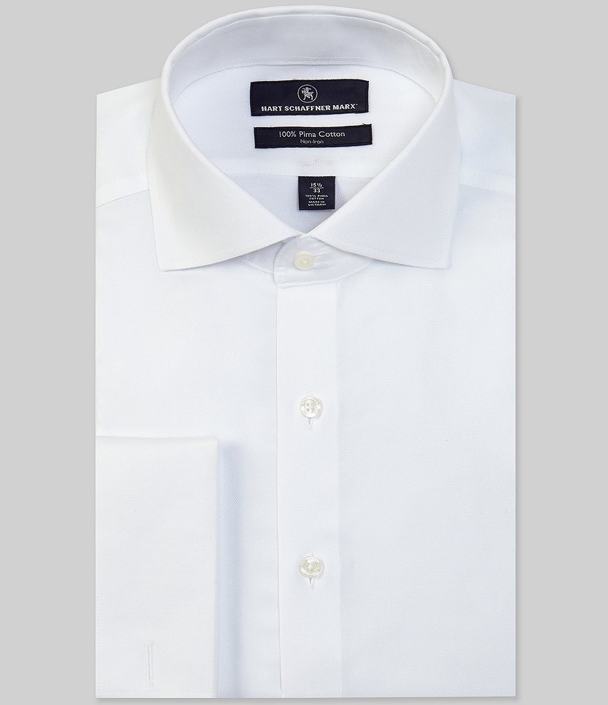 Hart Schaffner Marx Non-Iron Classic Fit Solid Cutaway Collar Solid Basket Weave French Cuff Dress Shirt