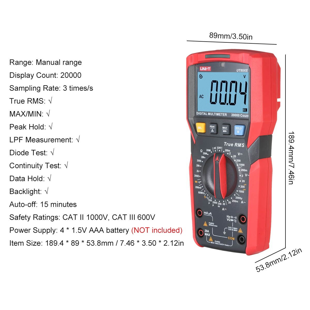 UNI-T UT89XE 2.8-inch LCD Digital Multimeter 20000 Counts True RMS Portable High Precision Universal Tester Voltmeter Ammeter LPF Ohm Volt Amp and Diode & Continuity Temperature Tester 1000V Voltage