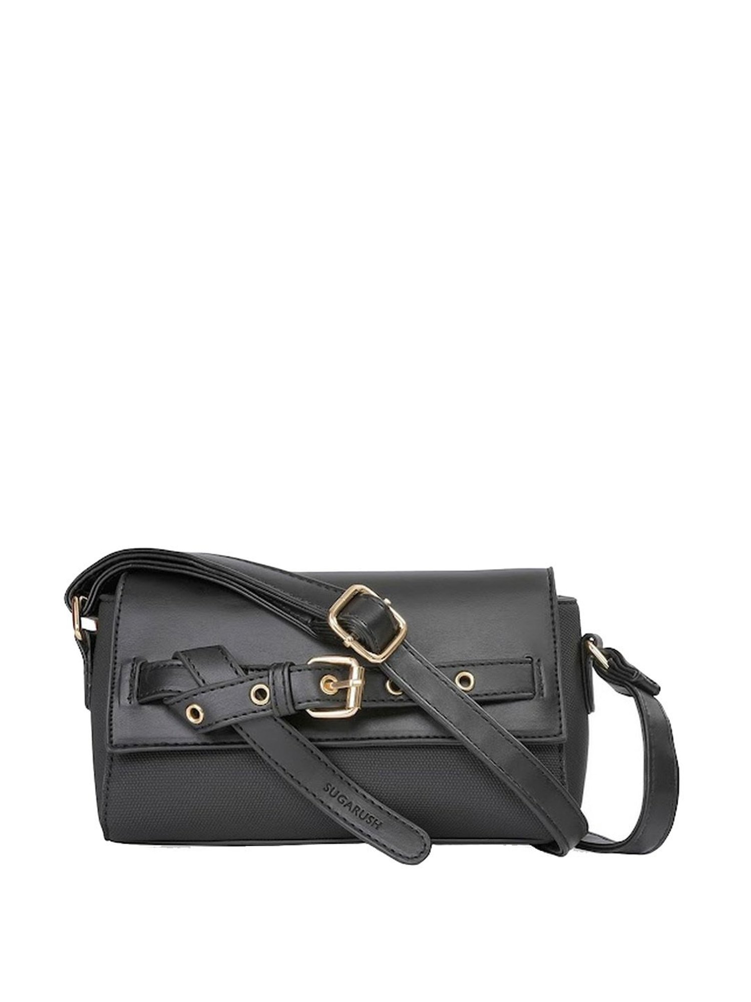 Sugarush Stellana Black PU Textured Sling Handbag