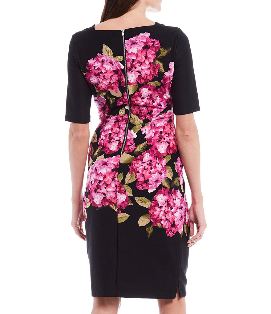 Maison Tara Short Sleeve Square Neck Floral Sheath Dress