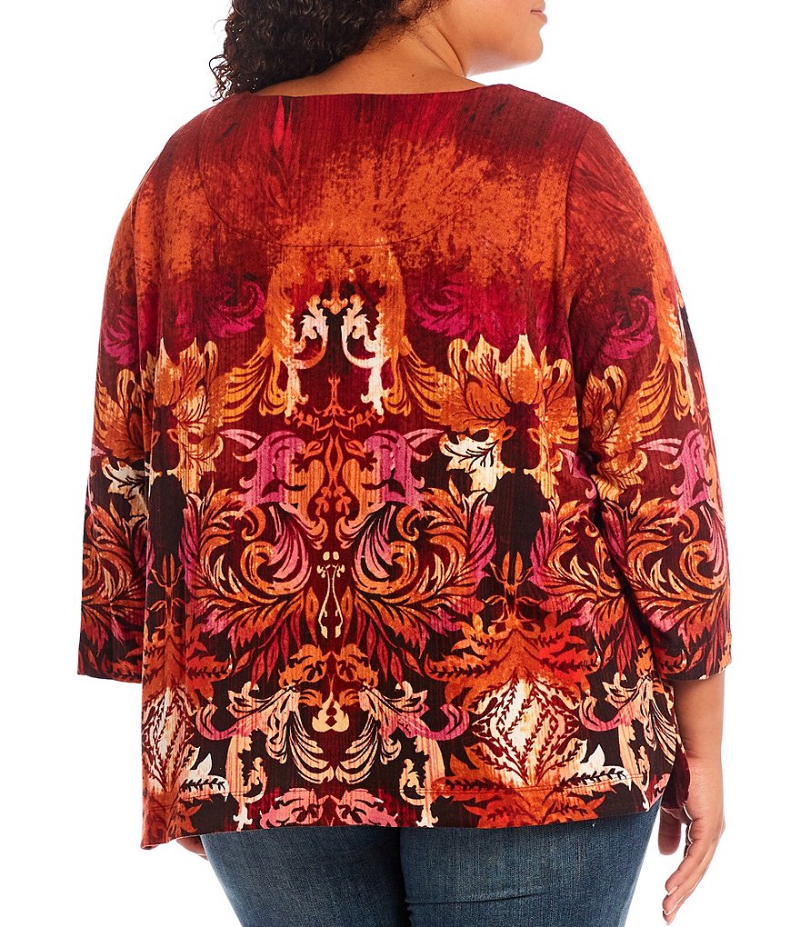 Ali Miles Plus Size Abstract Print French Terry Knit Grommet Embellished Round Neck 3/4 Sleeve Tunic