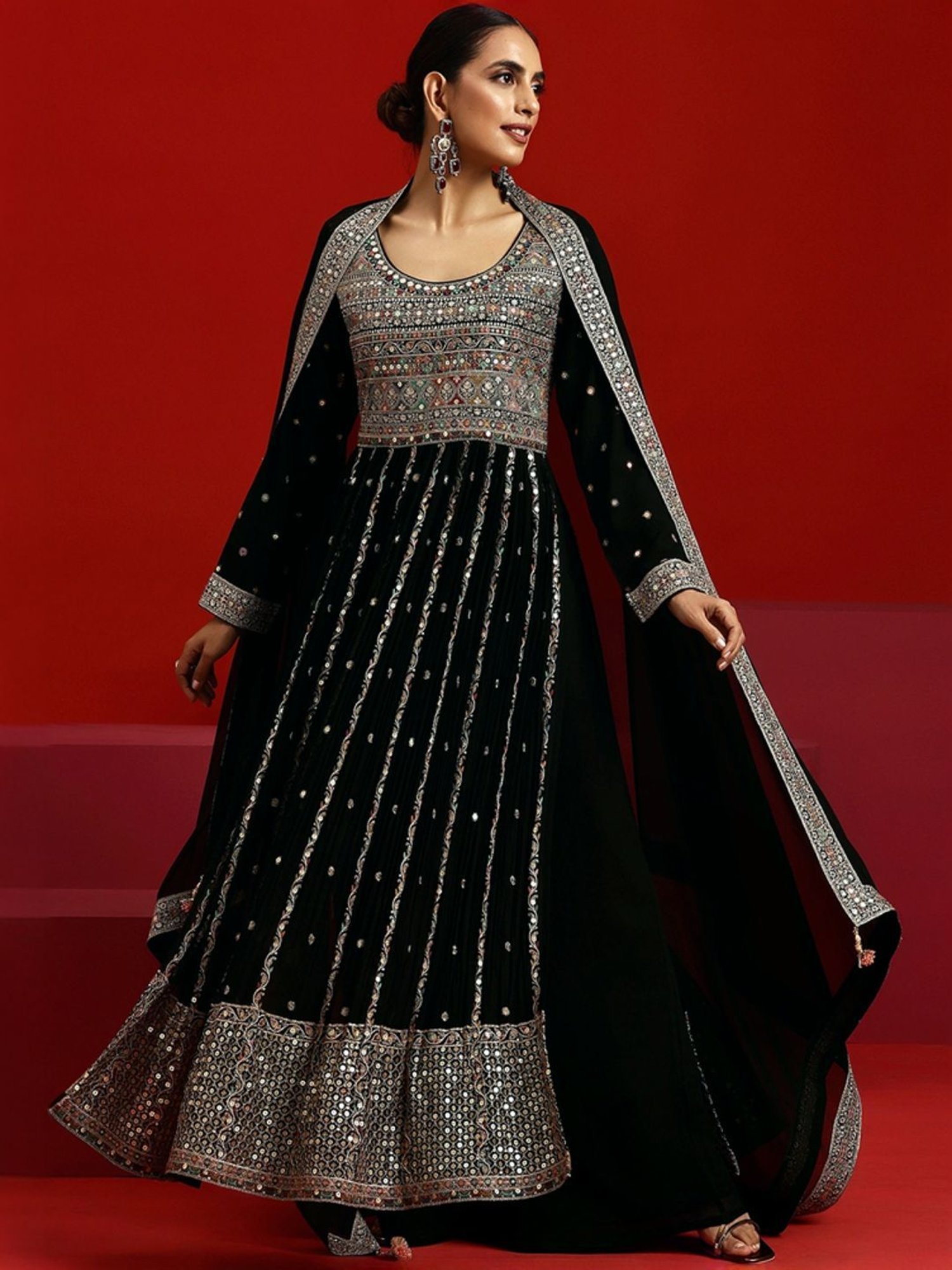 Libas Art Black Embroidered Kurta Palazzo Set With Dupatta