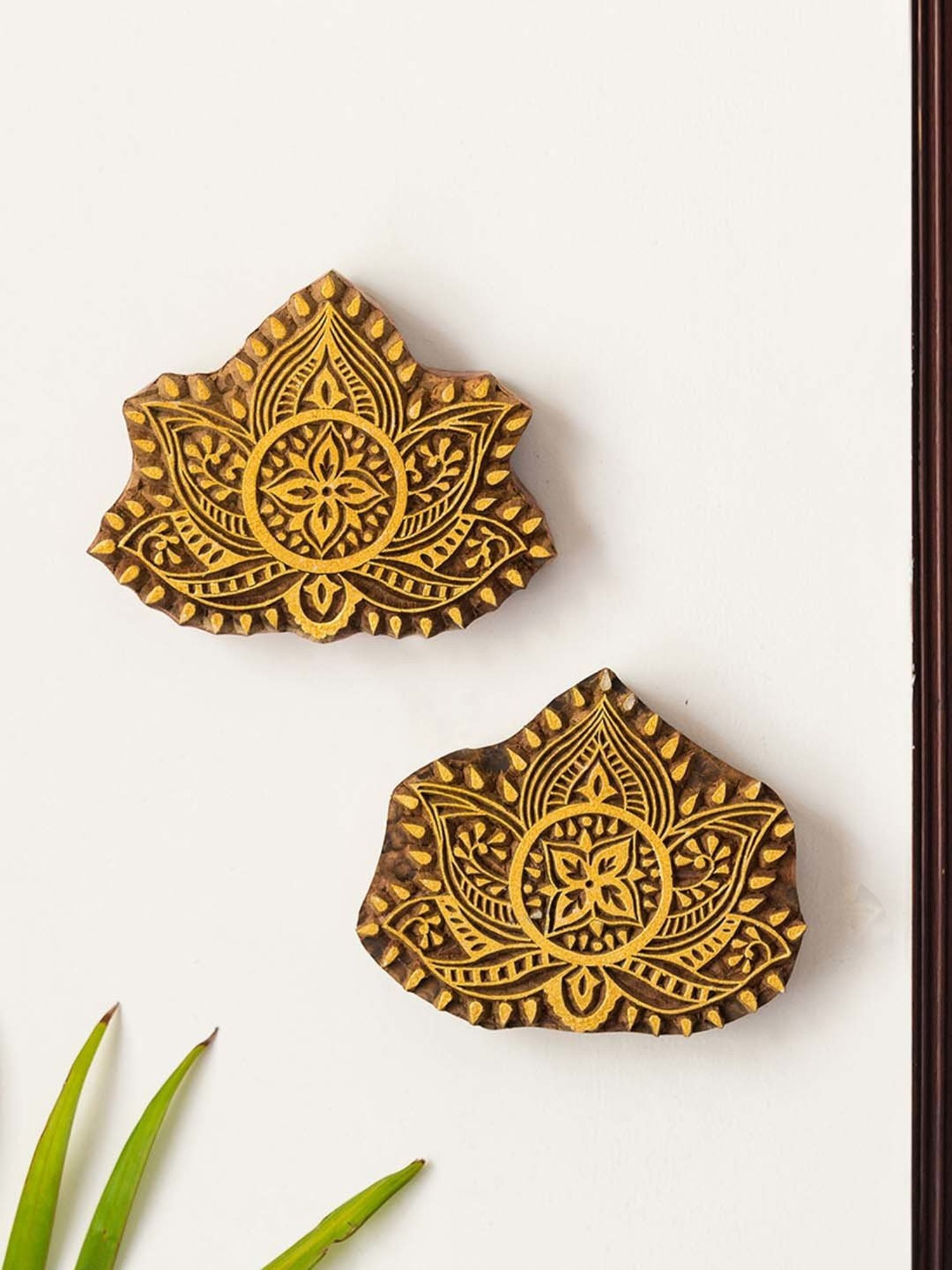 ExclusiveLane 'Lotus Pair' Hand Carved Block Wall Decor In Sheesham Wood (Set of 2)