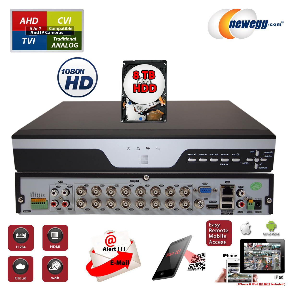 Evertech 16Ch DVR with 8TB Hard Drive H.264 High-Definition Hybrid TVI AHD CVI Analog Home Office Standalone CCTV Security Digital Video Recorder w/8TB HDD Installed and Pre-Configured