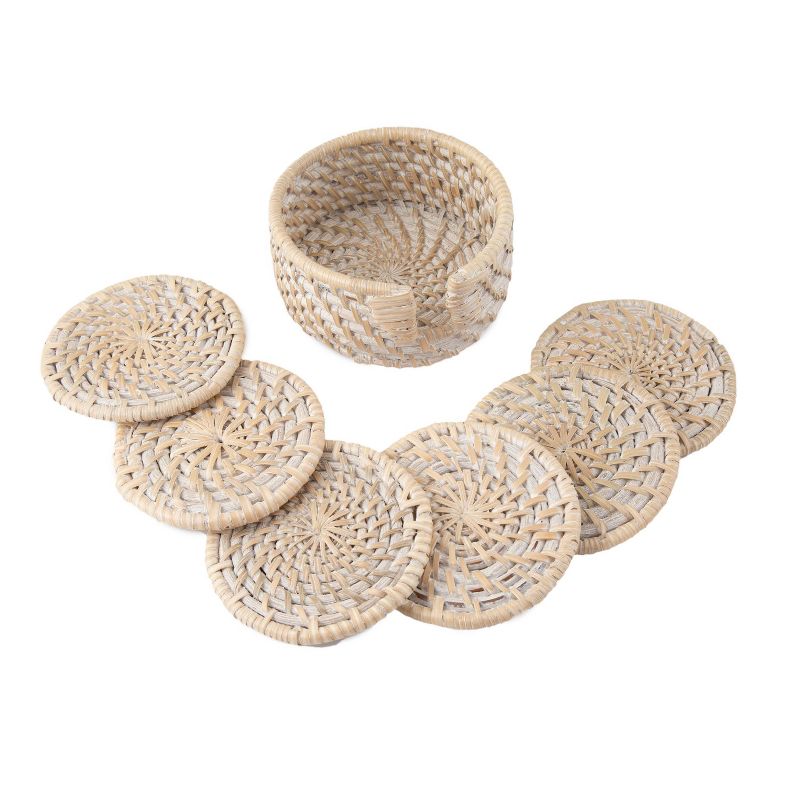 4pk Rattan Whitewash Coaster Set with Holder - Thirstystone