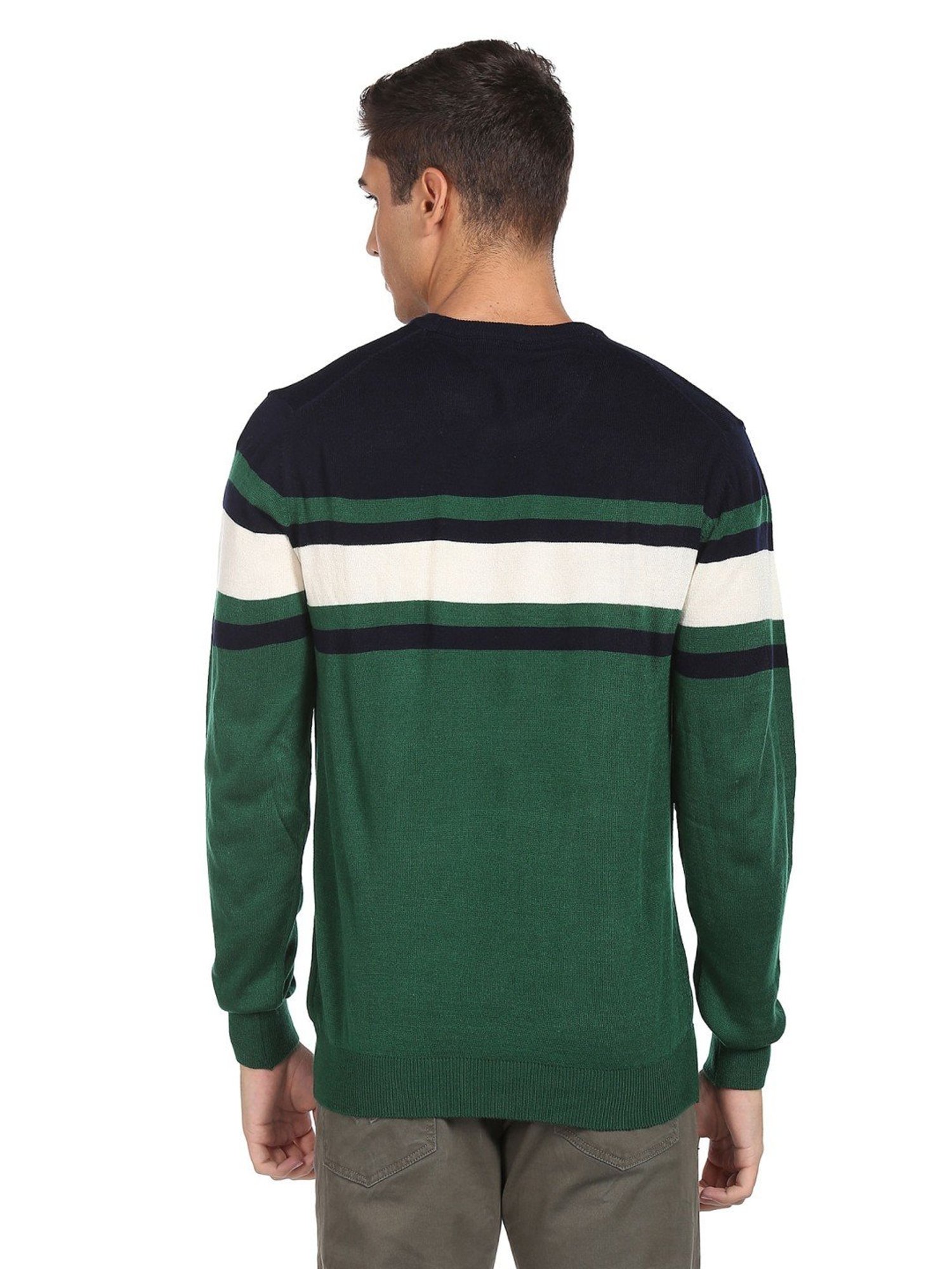 Arrow Sport Dark Green Regular Fit Striped Sweater