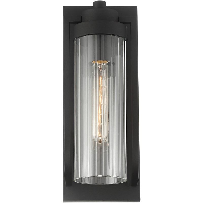 Possini Euro Design Modern Outdoor Wall Light Fixture Textured Black 15 1/2" Clear Ribbed Glass Exterior House Porch Patio Deck