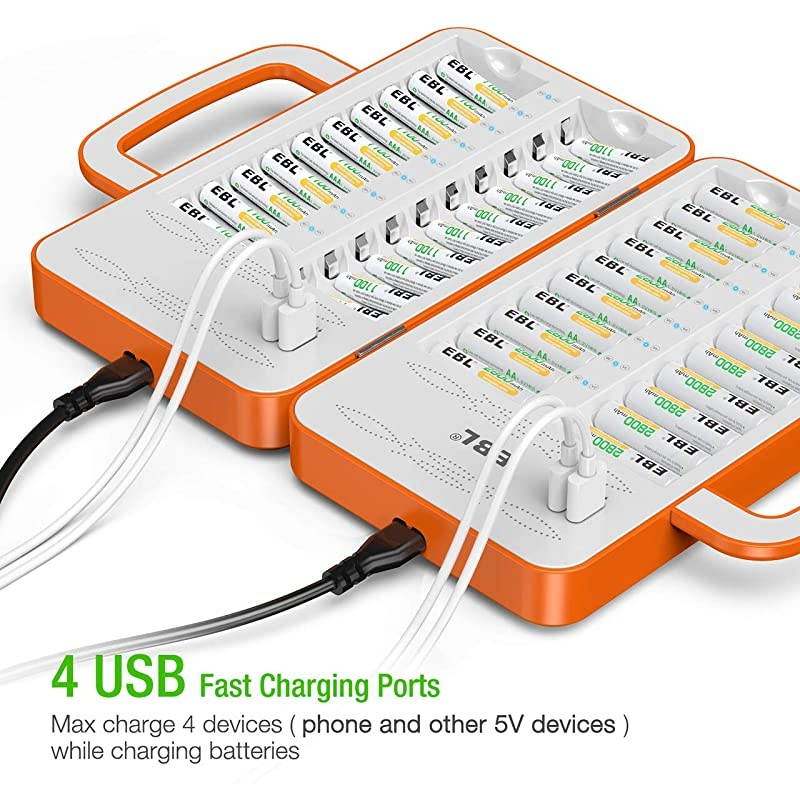 40Slot Battery Charger for 2/4/.20/24.38/40 pcs AA AAA Rechargeable Batteries - Advanced Multiple Battery Charger with 4 USB Output for Phones - Handle Design(Batteries not Included)