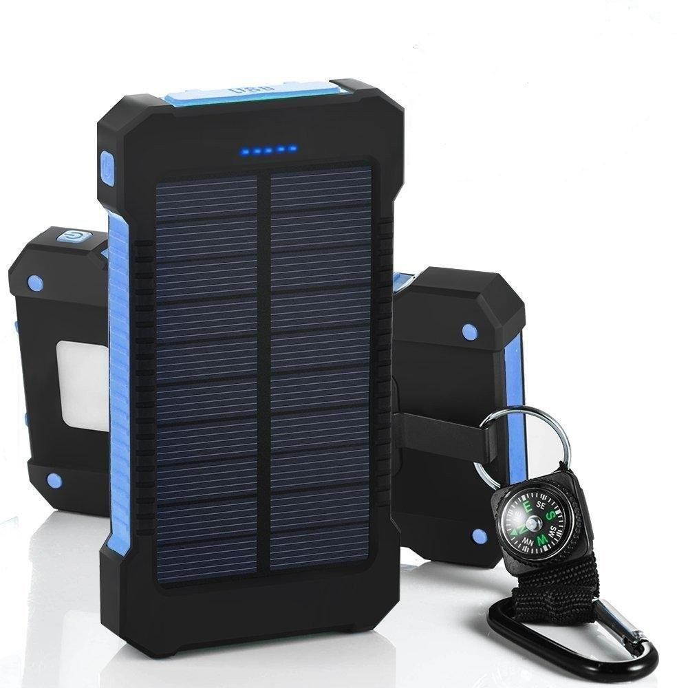 iMeshbean Portable Dual USB Solar Battery Charger Power Bank 10000mAhPhone Charger with Carabiner LED Lights (Blue)