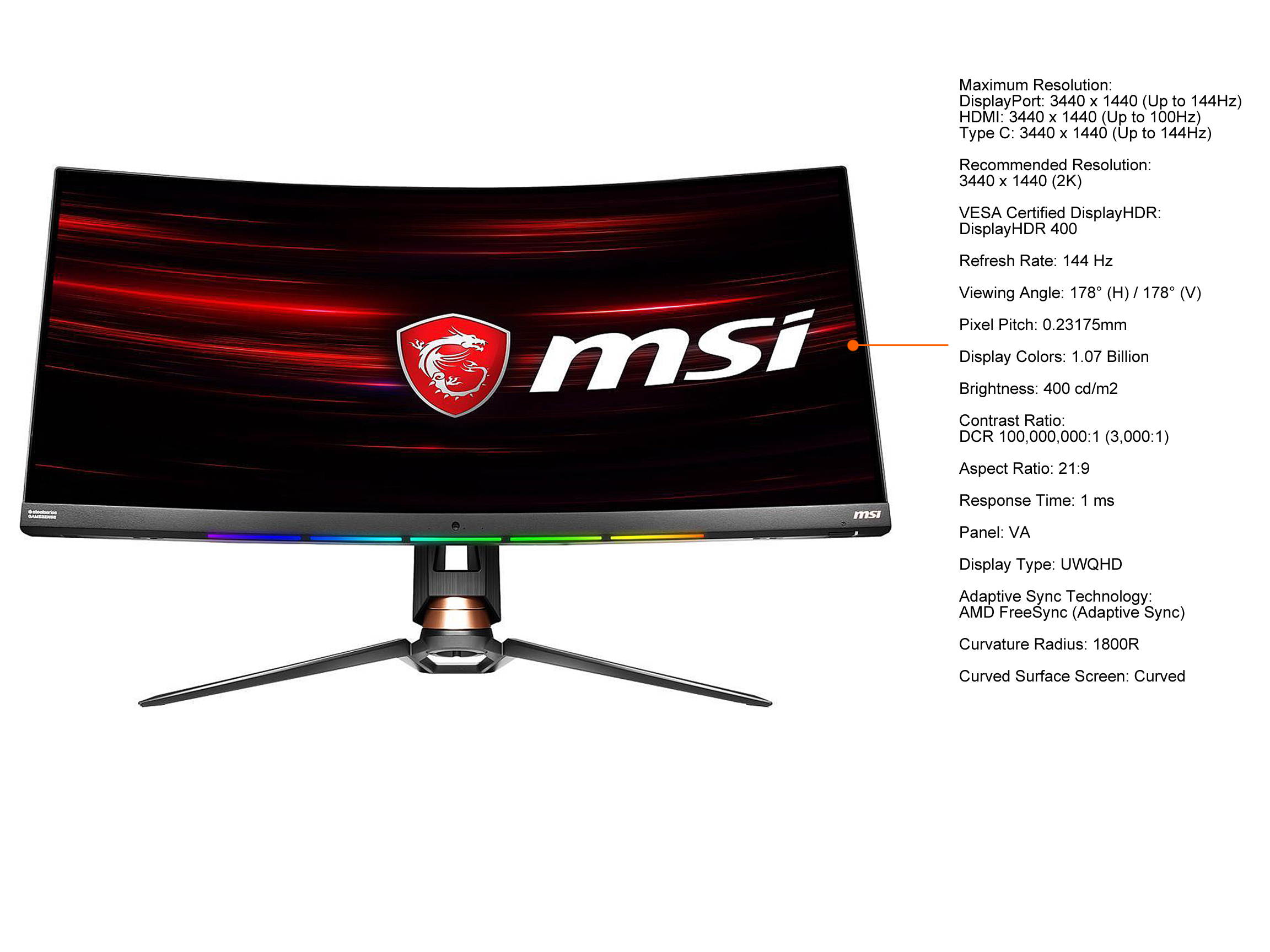 MSI Optix MPG341CQR 34" UWQHD 3440 x 1440 (2K) 144 Hz HDMI, DisplayPort, USB AMD FreeSync (Adaptive Sync) Curved Gaming Monitor