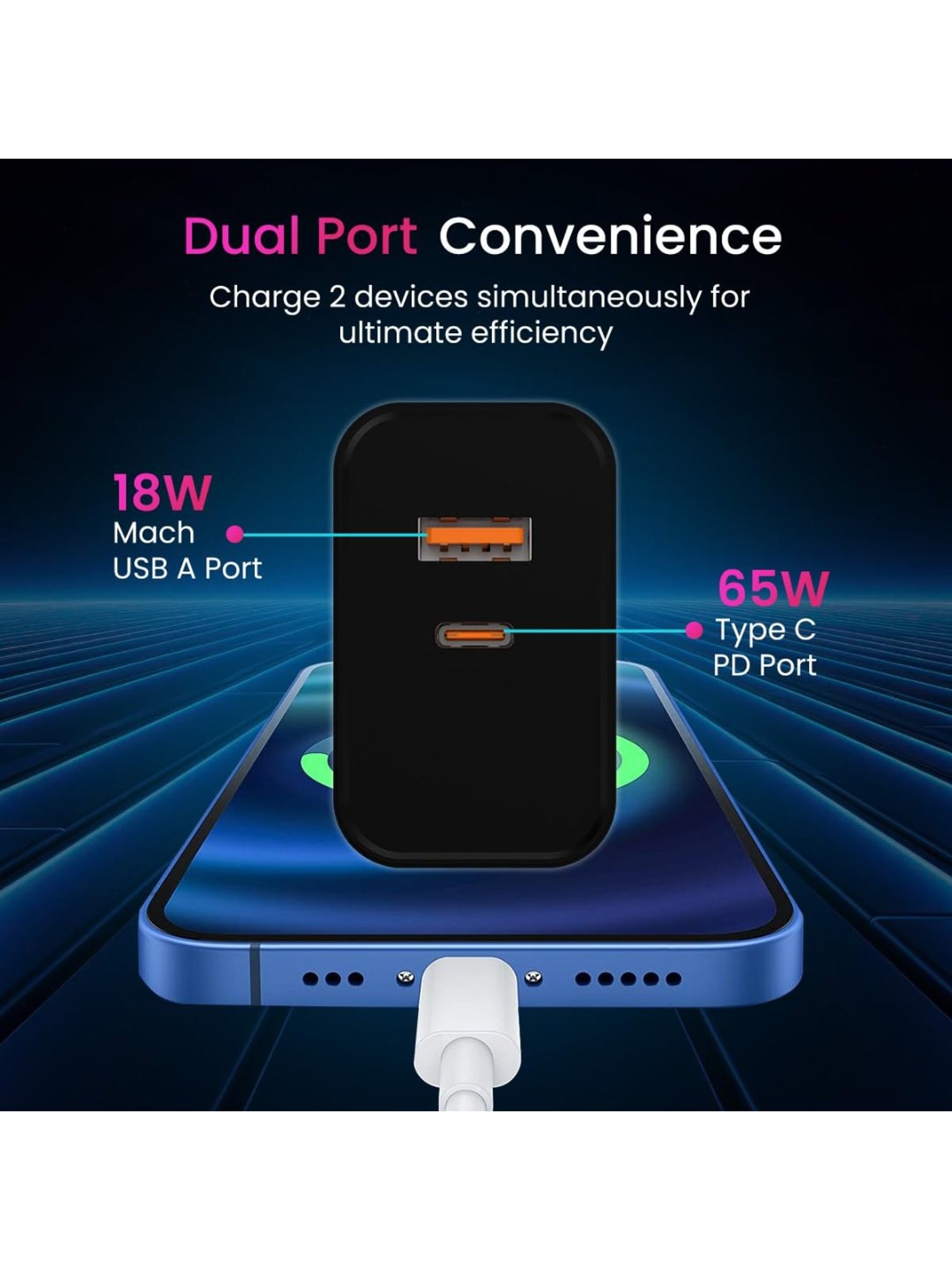 Portronics Adapto 65 Pro 65W Dual Ports Outputs GaN Fast Wall Charger with Cable (Black)