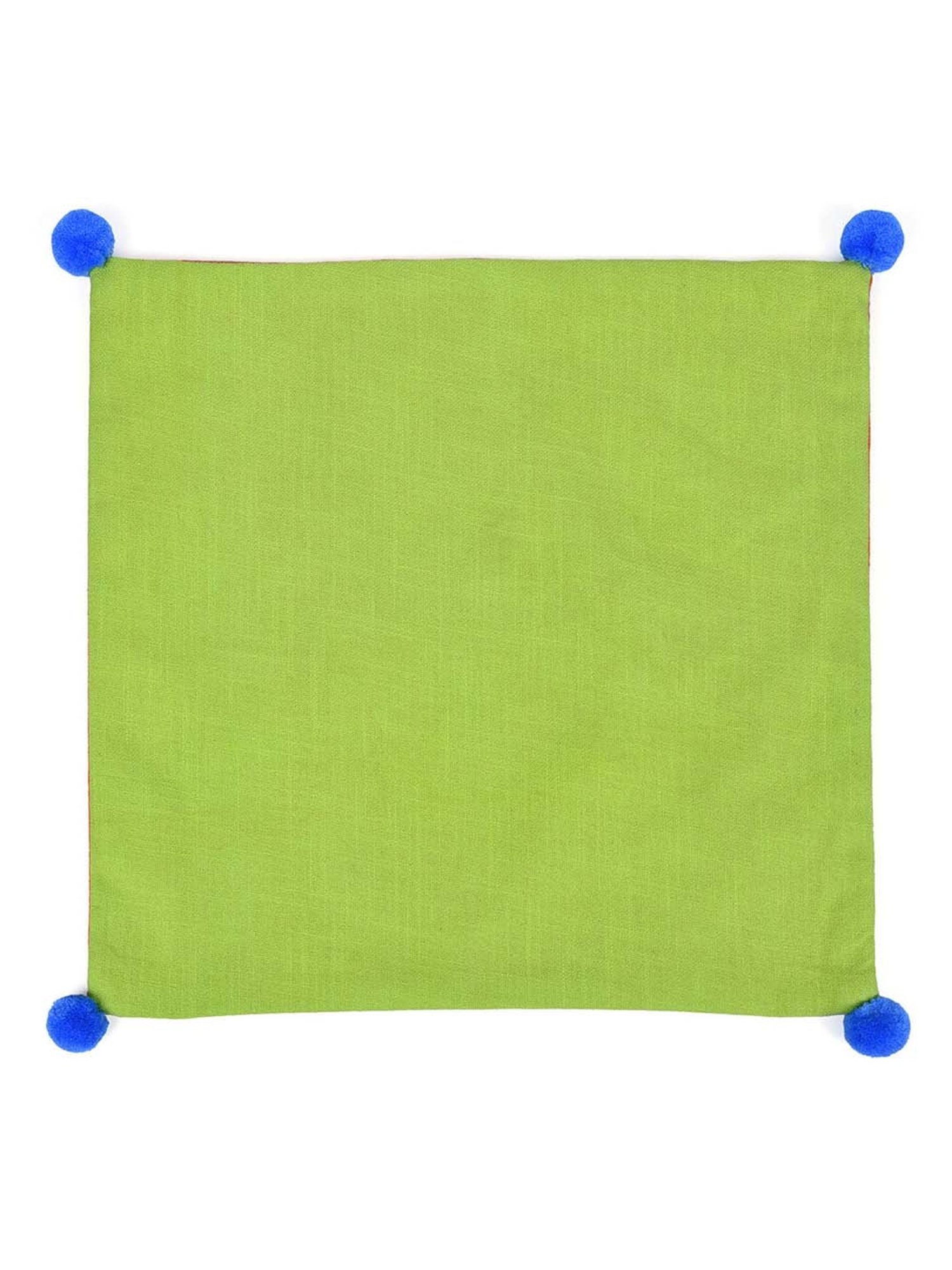 @home Orange & Green Cotton Two Sided Pom Pom Cushion Cover With Zipper