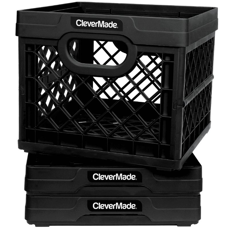 CleverMade MilkCrates Durable Plastic Stackable 25L Collapsible Utility Crate, Black (3-Pack)